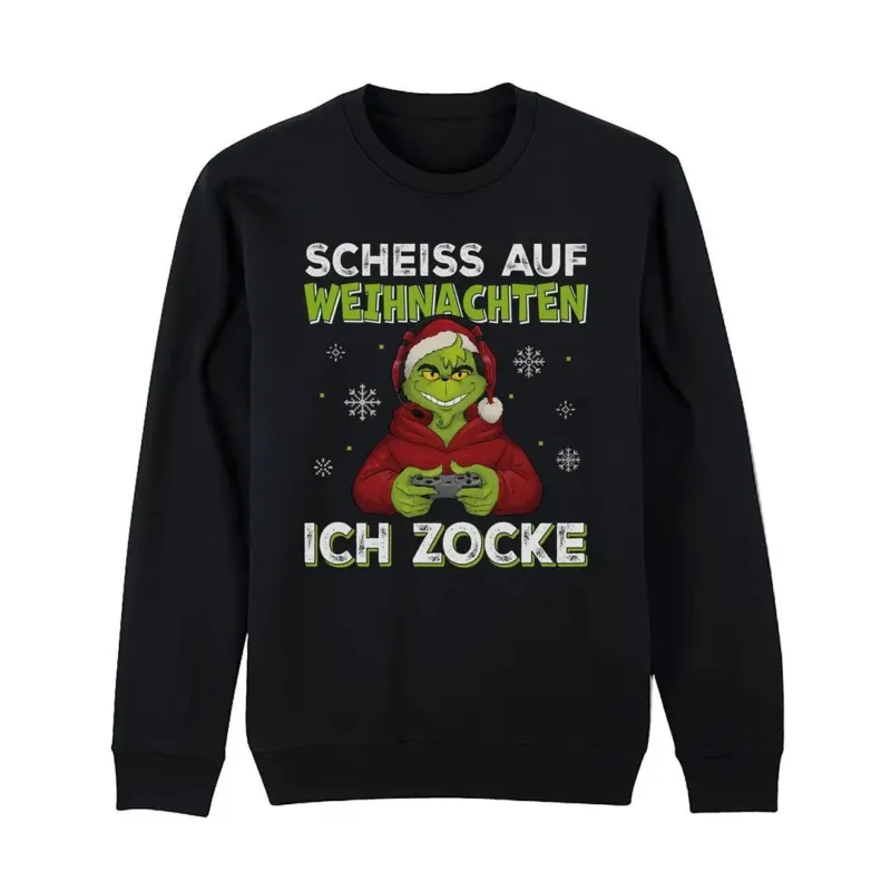 Bild: Weihnachtspullover - Grinch - Scheiß auf Weihnachten, ich zocke.