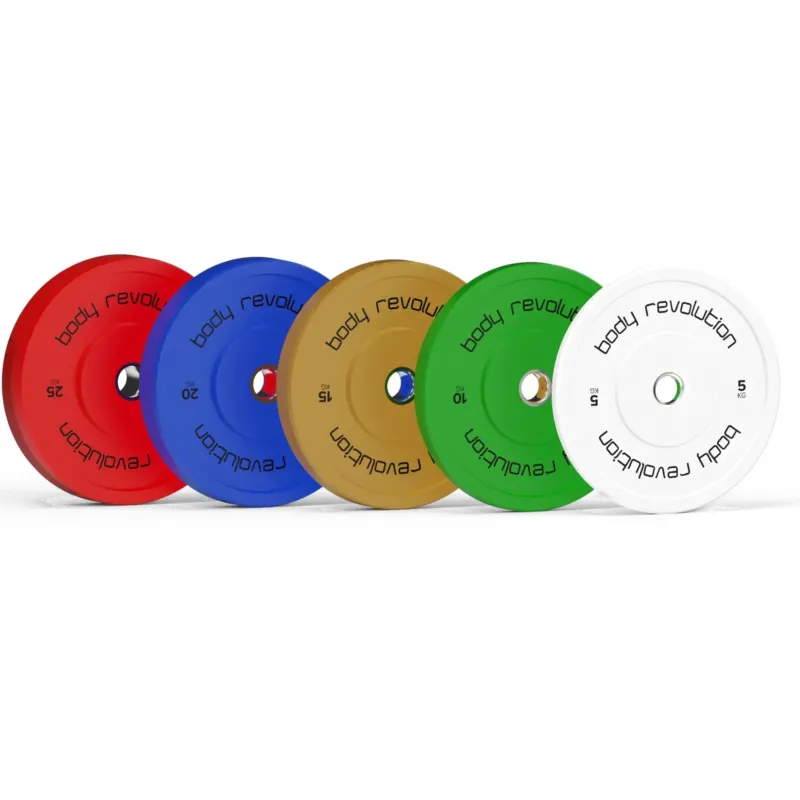 Buntes Set aus Olympischen Gummigewichten mit verschiedenen Farben: rot, blau, grün, gelb und weiß, ideal für Krafttraining und Fitness