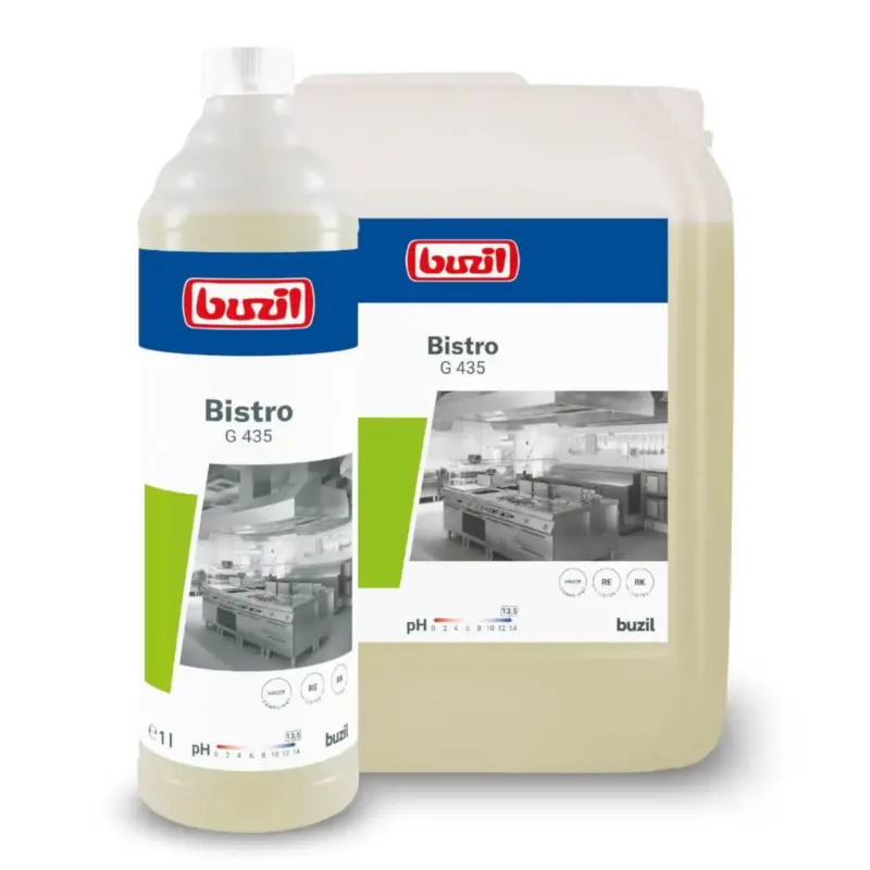Buzil bistro g435 küchen-intensivreiniger 1l in durchsichtigem flasche und großer kanister mit blauen und grünen etiketten