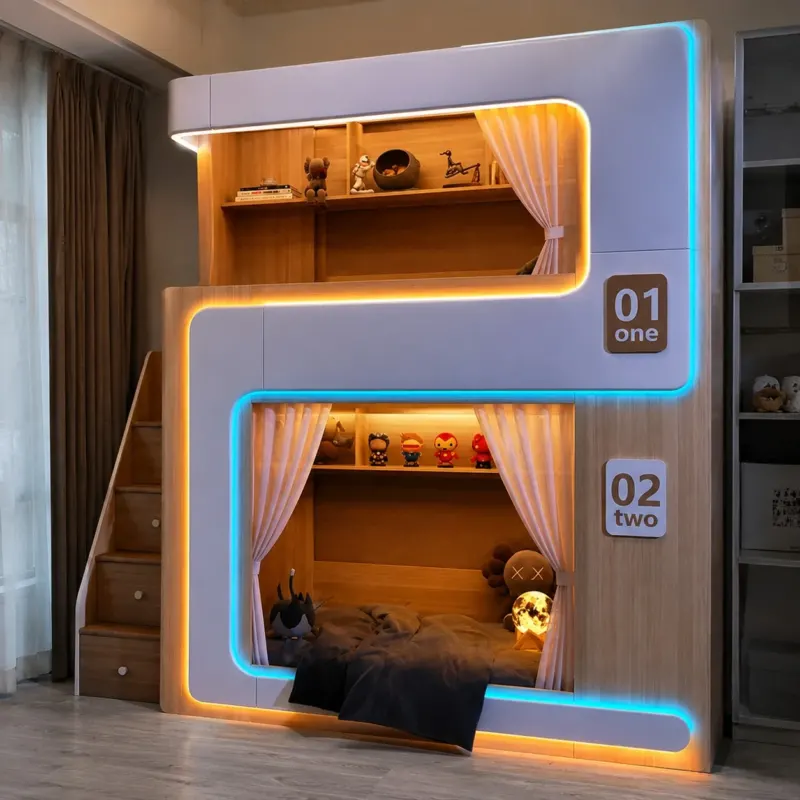 European Cute Room Modern Wooden Bunk LED Bed