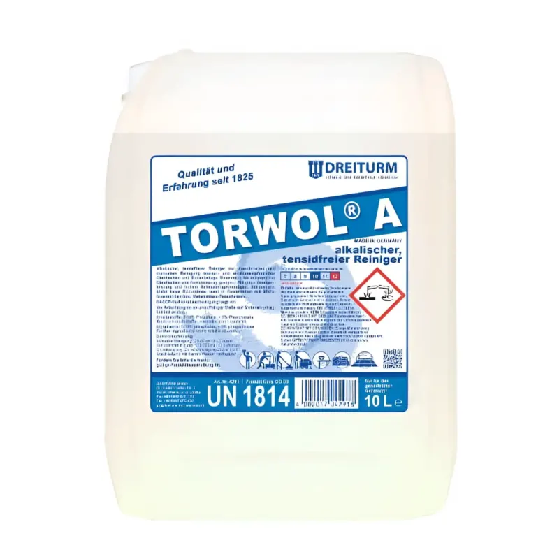 Weißer kunststoffkanister mit blau-weißem etikett und markenname torwol a für 10l dreiturm alkalischen tensidfreien reiniger