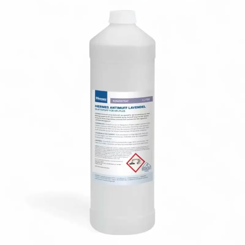 Weiße plastikflasche mit weißem deckel und blauem etikett hermes antimuff lavendel 1 liter