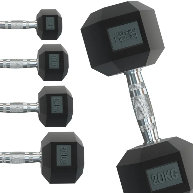 Schwarze Hex-Hanteln mit rutschfestem Griff, Gewichtsangaben von 5kg bis 30kg, ideal für effektives Krafttraining zu Hause oder im Fitnessstudio
