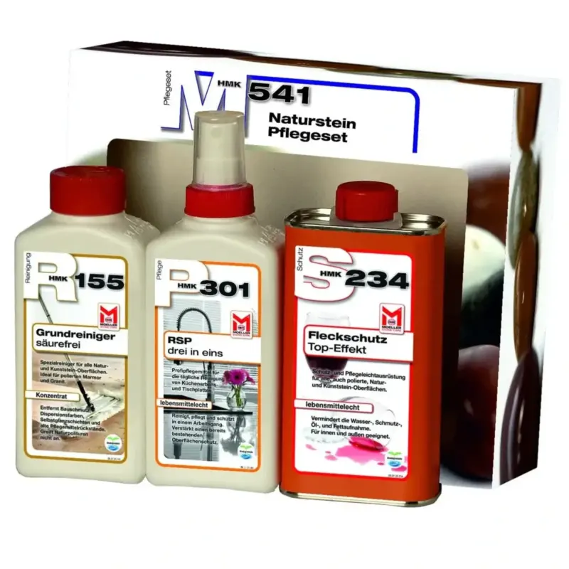 Hmk m541 naturstein pflegeset mit drei weißen und roten flaschen für reinigung politur und schutzlack