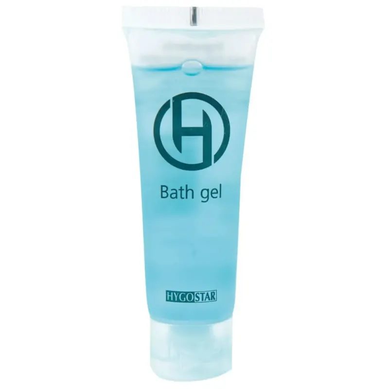 Transluzenter hellblauer hygienster duschgel tube 30ml mit schwarzem logo und bath gel text in 50 stück packung