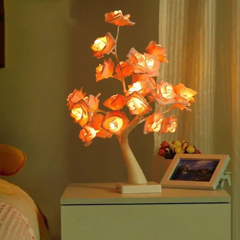LED Romantic Warm Rose Flower Tree Night Light Lamp with Clock - Image 0