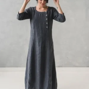 READY TO SHIP Linen Long Dress with Buttons - Epic Linen luxury linen
