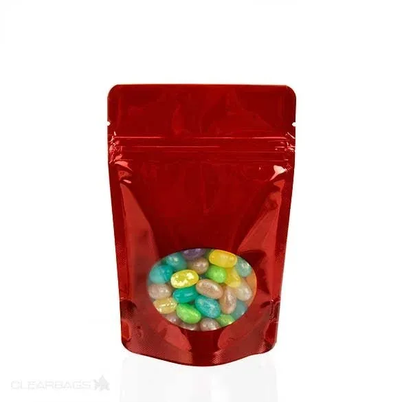 Stand Up Pouches Red with oval Window 8x5x13cm | 28 grams